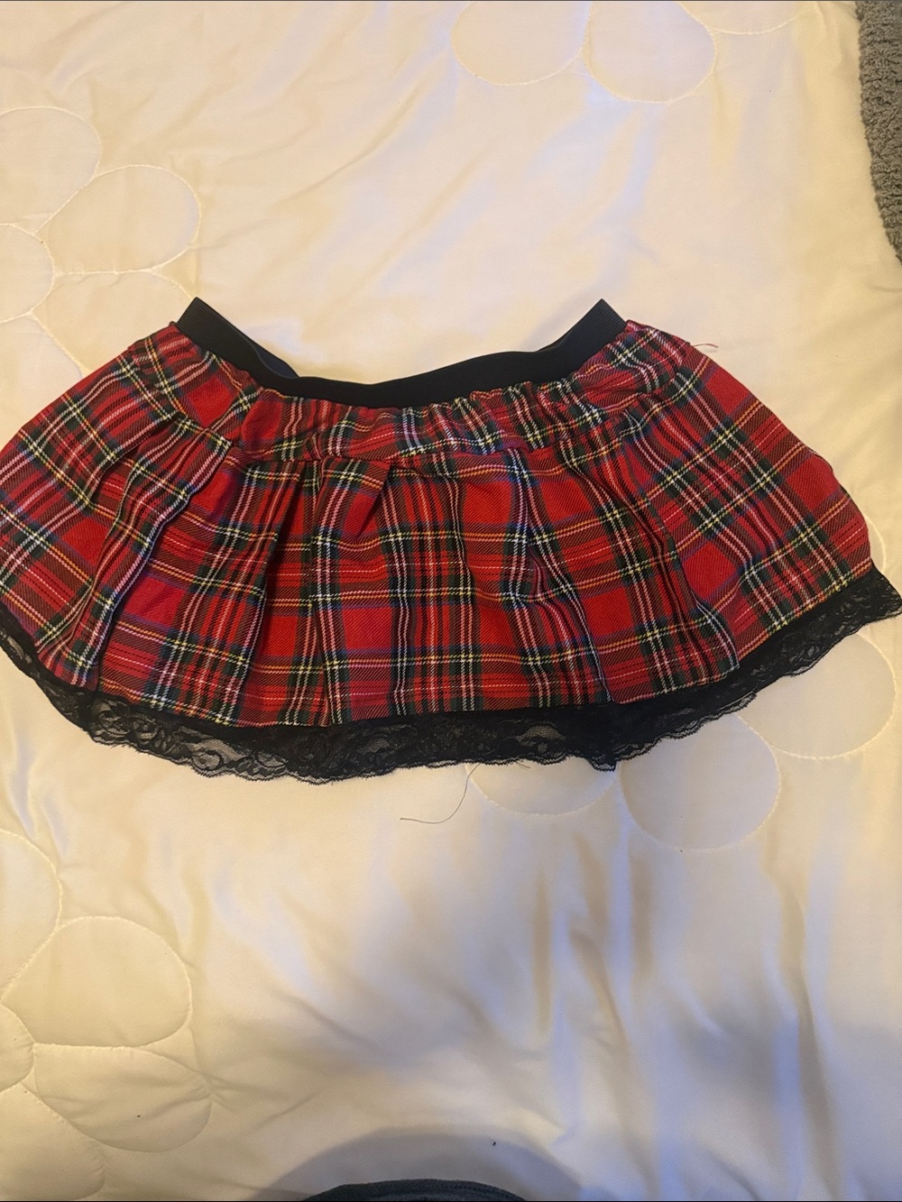 Red Plaid Mini Skirt with Black Lace Trim